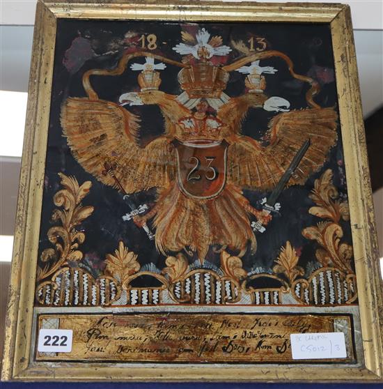 A German heraldic reverse painted glass panel, dated 1813 excl. frame 41 x 31cm (a.f.)
